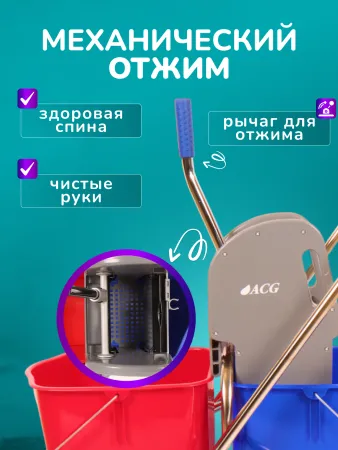 картинка Тележка уборочная ACG 2х25 л., с отжимом, с держателем мешка для мусора и поддоном, каркас из нержавейки 