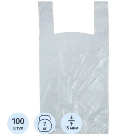 Пакет майка ПНД 15 мкм прозрачный (28+13x57 см), 100 штук в упаковке