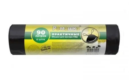 Пакет мусорный 90 л. 75х85 см. ПВД 45 мкм. в рулоне 6 шт., с завязками, черный