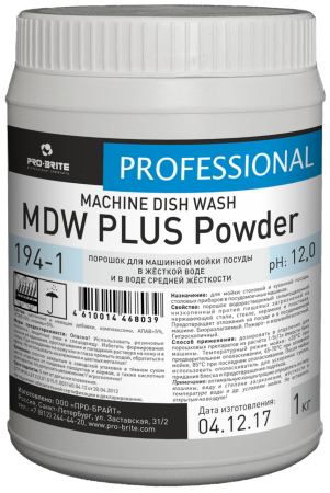 Порошок для маш. мойки посуды (жест. воды 4-12°Ж) MDW PLUS Powder, 1 л,  PRO-BRITE