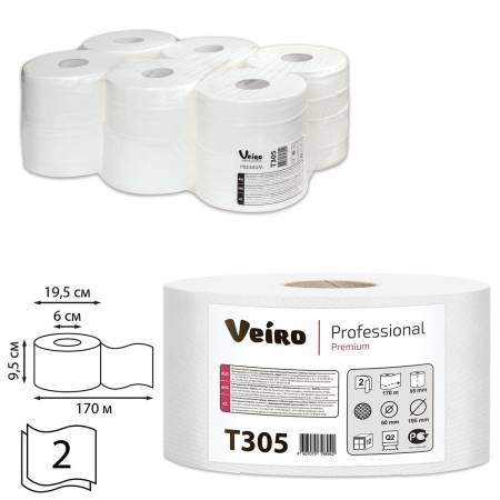 Бумага туалетная 2 сл. в средних рулонах, 12,5x9,5 см, 1360 листов, 170 м, белый, (12 рул) Veiro