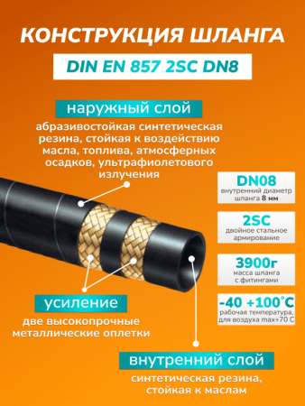 картинка Шланг для АВД облегчен 15 м, диам 8 мм, 2-х оплет, 2SC гайка латунь в пласт (22/1,5- гайка 22/1,5) 